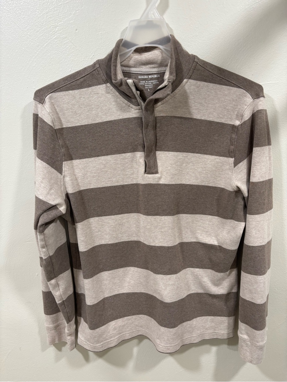 Banana Republic Men's Brown & Cream Striped Quarter-Zip Sweater Size L